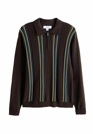 Next, REGULAR FIT - STRIPE KNITTED ZIP NECK POLO SHIRT - Maglione - brown