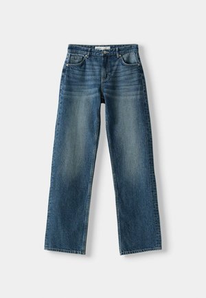 Blue denim jeans featuring a straight leg design, button closure, five pockets, and faded areas. Material appears sturdy with a textured finish.