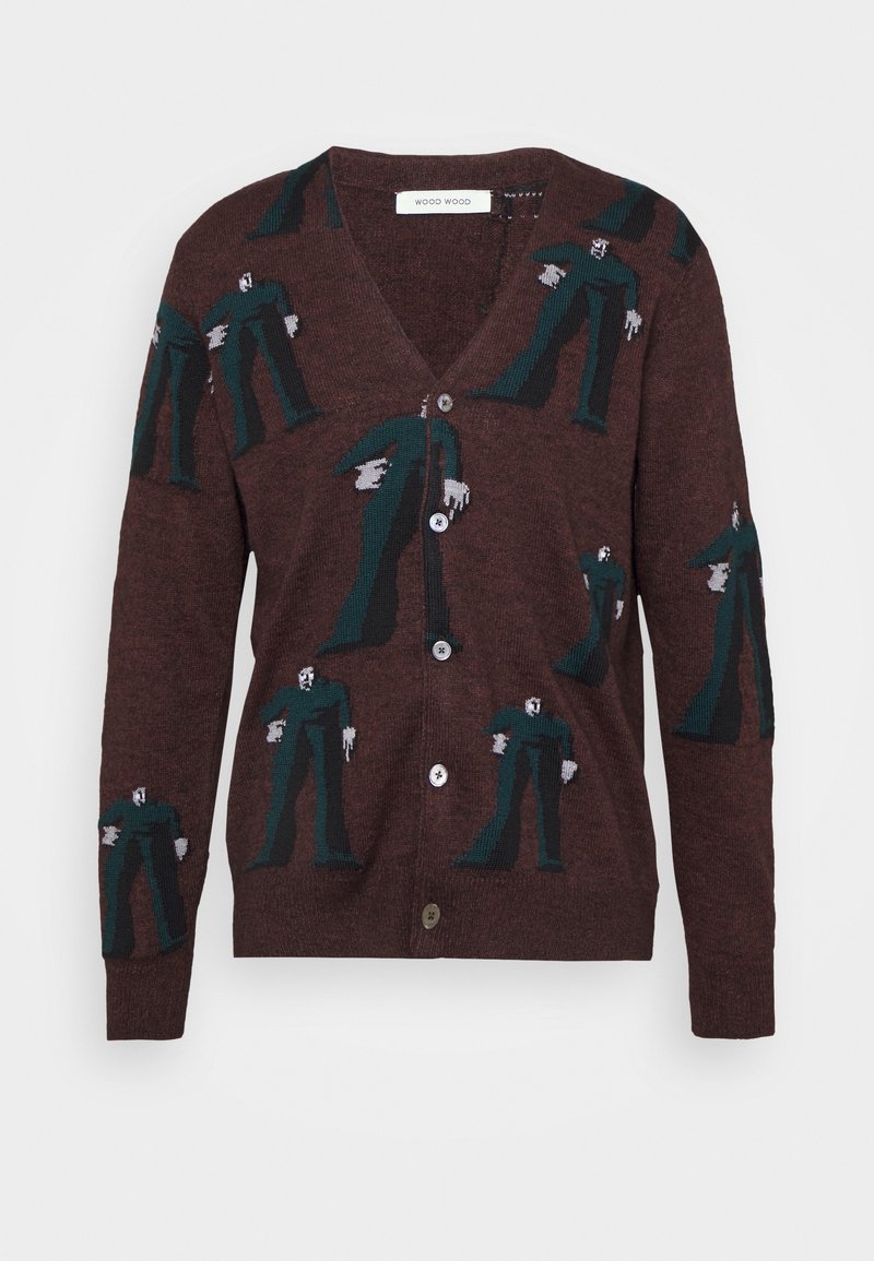 Hnědý cardigan s vzorem zelených postav s bílými rukama, designem do V, šesti knoflíky a žebrovanými manžetami. Měkká textura.