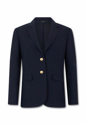 Marineblauw getailleerd colbert met inkeping revers, twee gouden knopen, klepzakken aan de voorkant en lange mouwen.