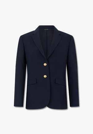 Marineblauw getailleerd colbert met inkeping revers, twee gouden knopen, klepzakken aan de voorkant en lange mouwen.