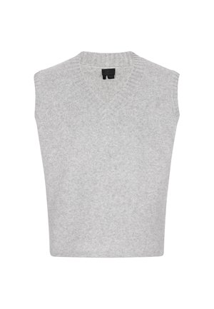 Hellgraues ärmelloses V-Ausschnitt-Top aus weichem Strickmaterial; verfügt über einen gerippten Ausschnitt und Saum, mit einer lässigen Passform und ohne sichtbare Verschlüsse.