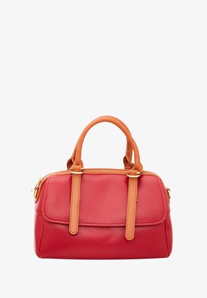 Red handbag with smooth leather texture, tan faux leather handles, and gold-tone hardware. Features a zip closure and a front pocket.