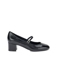 Zapato Mary Jane de cuero negro con punta redondeada, correa ajustable con hebilla plateada y tacón bajo en bloque. Textura suave y diseño elegante.