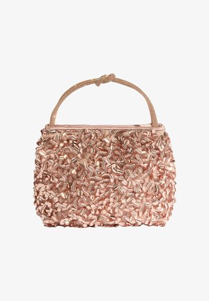 Borsa clutch in oro rosa con perline, forma strutturata, paillettes decorative e manico intrecciato. Fodera interna in tessuto liscio.