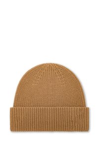 Beanie in maglia marrone con risvolto, caratterizzato da un motivo testurizzato e una finitura liscia, progettato per calore e comfort.