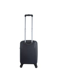Black hard-shell suitcase with retractable silver handle, four black wheels, and a smooth textured surface. Compact rectangular design.