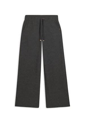 Pantaloni sportivi grigi a gamba larga realizzati in tessuto morbido, con vita regolabile tramite cordino, due tasche laterali e sottili dettagli metallici.