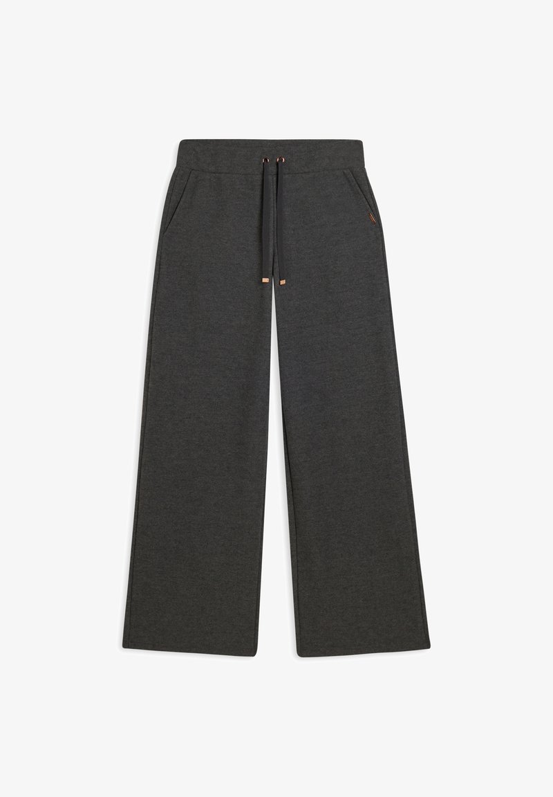 Pantaloni sportivi grigi a gamba larga realizzati in tessuto morbido, con vita regolabile tramite cordino, due tasche laterali e sottili dettagli metallici.