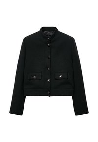 Black cropped jacket made of textured fabric, featuring a high collar, front buttons, and two flap pockets with button closures.