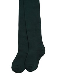 Calcetines oscuros de color verde con textura suave, que llegan hasta la rodilla, con un diseño de punta redondeada y sin patrones o herrajes visibles.