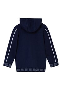 Felpa con cappuccio blu navy con strisce laterali bianche, polsini elastici e orlo con motivo che presenta un logo. Morbido tessuto.