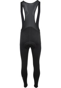 Schwarze Radsport-Bib-Tights mit einem atmungsaktiven Mesh-Rücken, gepolsterter Sitzfläche, figurbetontem Design und Logodetails entlang des Beins.
