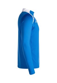 Maglietta sportiva a maniche lunghe blu con colletto bianco e dettagli laterali. Realizzata in tessuto leggero, presenta un design aderente e una texture liscia.