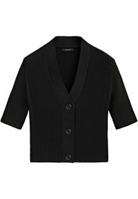 Schwarze gerippte Strickjacke mit kurzen Ärmeln, V-Ausschnitt und fünf schwarzen Knöpfen auf der Vorderseite. Weicher Stoff mit einer enganliegenden Passform.