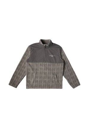 Gray pullover jacket with a high collar, featuring a smooth upper section and textured lower section with a geometric pattern. Zipper front and pockets.