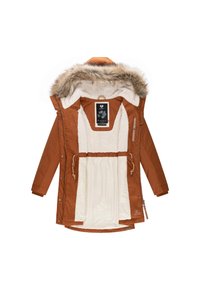 Barna parka kabát műszőrme szegélyű kapucnival, meleg polár béléssel, patentos és cipzáras záródással, valamint állítható húzózsinóros derékkal.