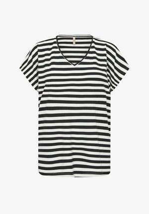 Mustvalgete triibudega lühikeste varrukatega topp V-kaelusega ja tekstureeritud kangast, millel on ühtlaselt jaotatud horisontaalsed triibud.