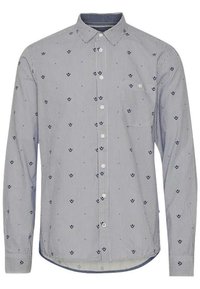 Chemise à manches longues à rayures bleues et blanches, ornée de petits motifs floraux navy, avec un col boutonné et une poche poitrine.