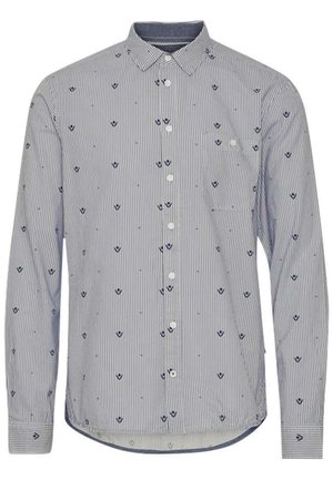 Chemise à manches longues à rayures bleues et blanches, ornée de petits motifs floraux navy, avec un col boutonné et une poche poitrine.