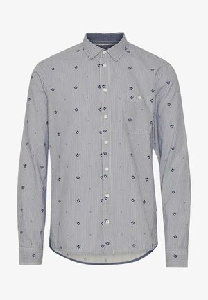 Camisa de manga larga a rayas azul y blanca, con pequeños patrones florales en color marino, cuello abotonado y un solo bolsillo en el pecho.