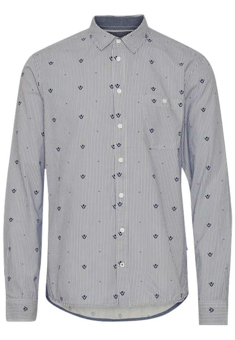 Chemise à manches longues à rayures bleues et blanches, ornée de petits motifs floraux navy, avec un col boutonné et une poche poitrine.