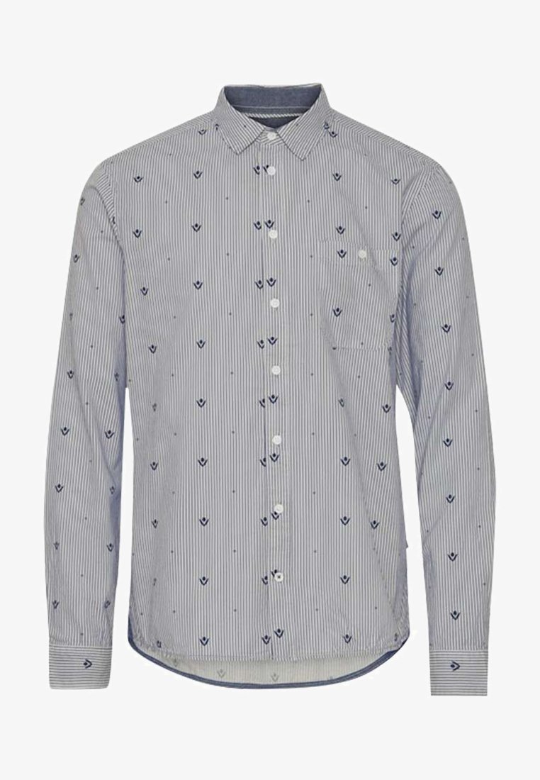 Chemise à manches longues à rayures bleues et blanches, ornée de petits motifs floraux navy, avec un col boutonné et une poche poitrine.