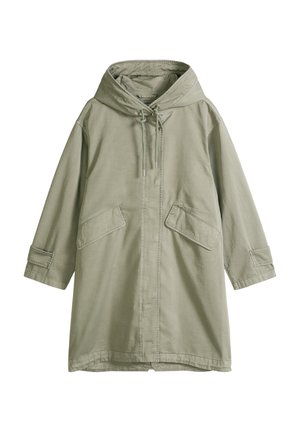 Lichtgroene gewatteerde parka met capuchon, ritssluiting aan de voorkant, trekkoord in de capuchon, klepzakken, driekwartmouwen en verstelbare polsbandjes.