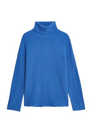 Pull à col roulé bleu en maille avec une texture côtelée, manches longues et coupe décontractée. Comprend un col rabattable et aucun logo visible.