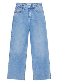 Jeans en denim taille haute, larges et de couleur bleu clair, avec une fermeture à bouton et à zip à l'avant, des passants de ceinture et un style à cinq poches.