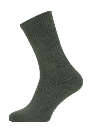 Grüne gerippte Socke mit fester Textur, mittellange Beinform, und verstärkten Zehen- und Fersenbereichen. Keine sichtbaren Muster oder Akzente.