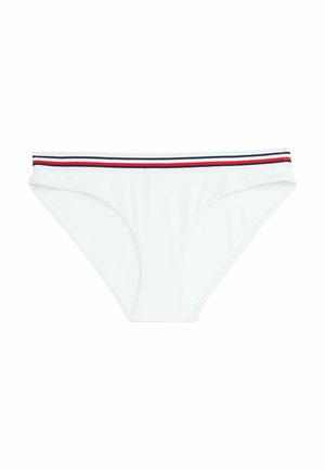 Hvid bikini bund med en kontrastfarvet talje, der har røde, sorte og hvide striber. Fremstillet af glat, strækbart stof. Klassisk snit.