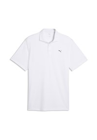 Άσπρο πουκάμισο πόλο από λείο ύφασμα, με γιακά, πατιλέτα με τρία κουμπιά και μικρό γκρι λογότυπο στο αριστερό σ τήθος.
