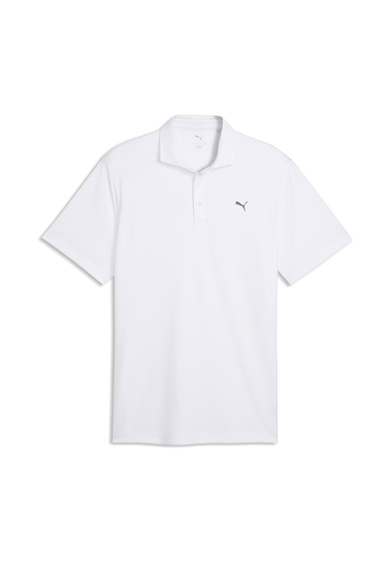 Άσπρο πουκάμισο πόλο από λείο ύφασμα, με γιακά, πατιλέτα με τρία κουμπιά και μικρό γκρι λογότυπο στο αριστερό στήθος.