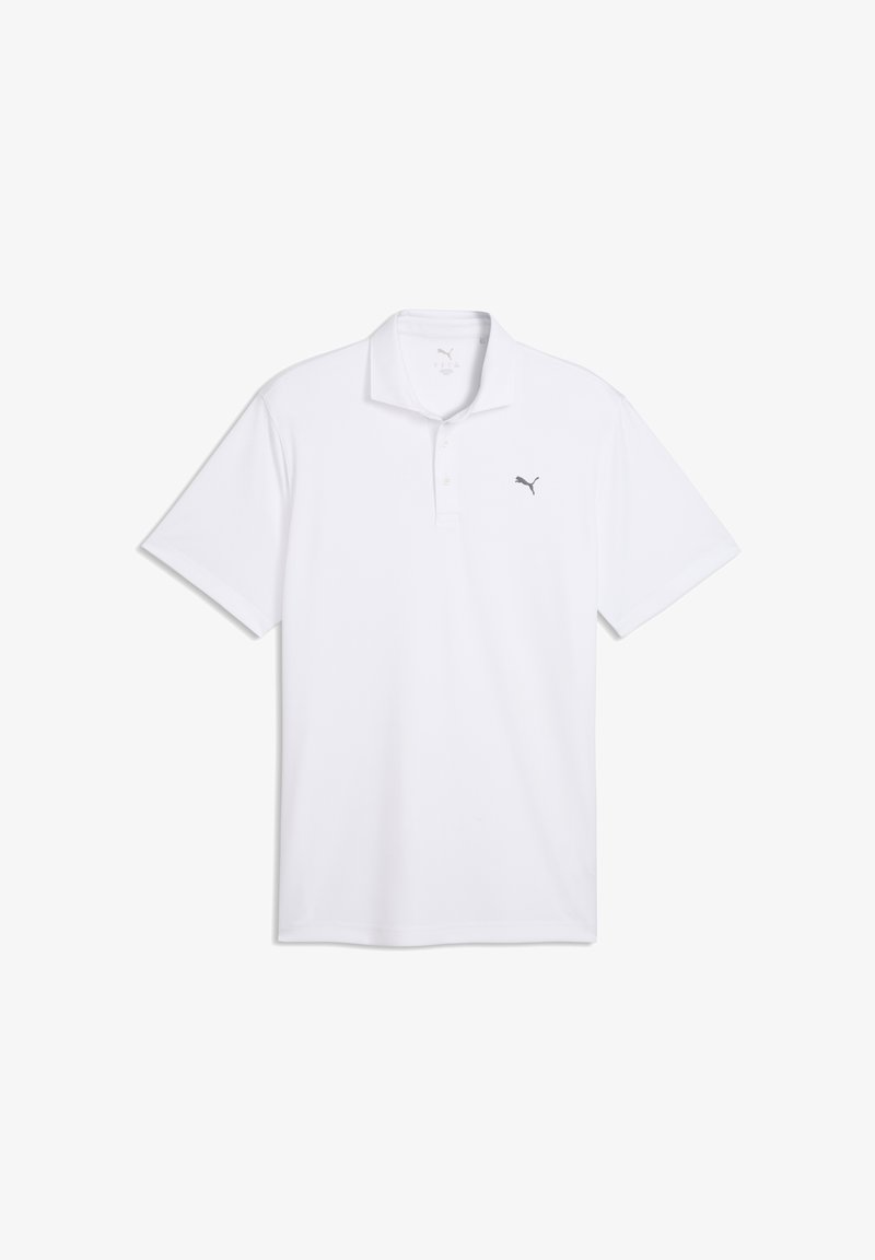 Polo blanc en tissu lisse, doté d'un col, d'une patte à trois boutons, et d'un petit logo gris sur la poitrine gauche.