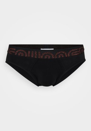 Schwarze Unterwäsche mit einem glitzernden Bund, der ein geometrisches Muster aufweist. Hergestellt aus glattem Stoff, verfügt sie über ein klassisches Slip-Design.