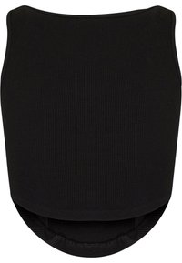 Must mustriba crop top, mille ümar kaelus ja kõver serv. Tekstuur on sile, millel on horisontaalne ribastus lisafunktsioonina.