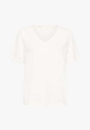 Witte korte mouwen blouse met V-hals en mouwen met kantpatroon, voorzien van een kleine keyhole sluiting met knoop aan de achterkant.