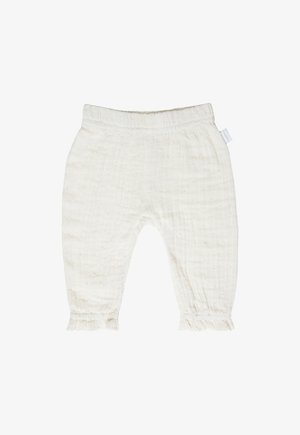 Weiße Baumwollhose mit strukturiertem Muster, elastischem Bund und Rüschensaum. Sie zeichnet sich durch einen weichen, leichten und atmungsaktiven Stoff aus.