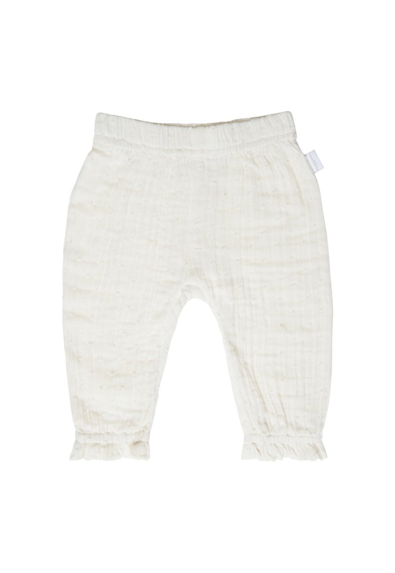 Pantalons en coton blancs avec un motif texturé, taille élastique et poignets festonnés. Fabriqués avec un tissu doux, léger et respirant.