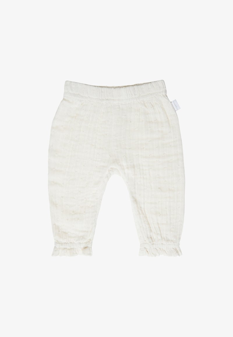 Witte katoenen broek met een gestructureerd patroon, elastische tailleband en gerimpelde mouwen. Beschikt over een zachte, lichte, ademende stof.