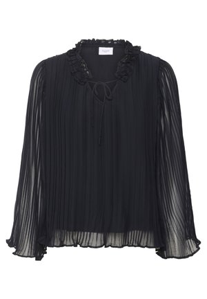 Zwarte doorschijnende blouse met lange mouwen, verticale plooien, gerimpelde kraag en een strik aan de voorkant op een witte achtergrond.