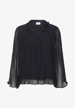 Mustast läbipaistvast kangast pikkade varrukatega pluus vertikaalsete voltidega, volangidega krae ja ees lipsuga, valgel taustal.