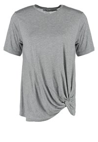 Gray short-sleeve t-shirt made of soft fabric, featuring a twisted knot detail at the bottom left and a classic crew neckline.