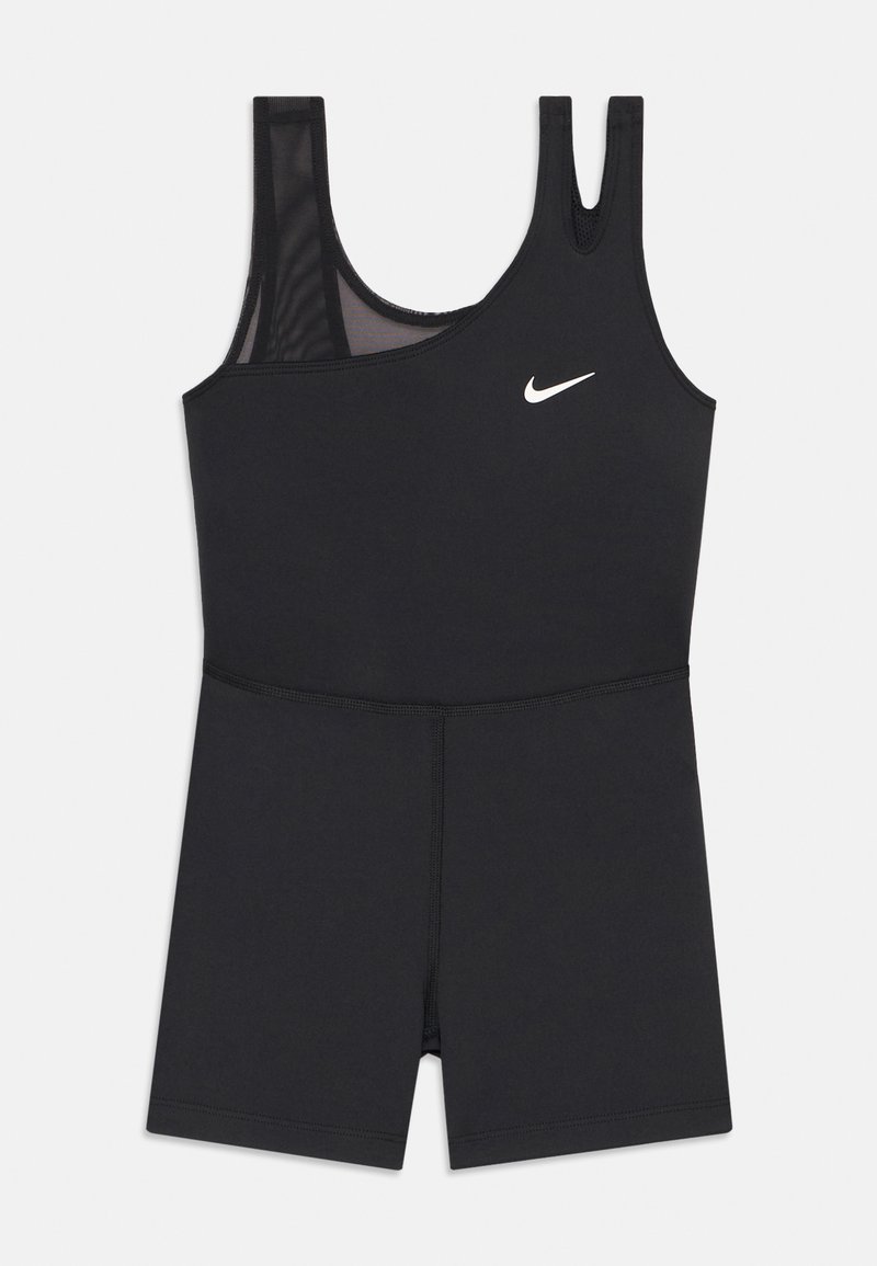 Czarny sportowy jednoczęściowy strój z siateczkowym wstawem na jednym ramieniu, z okrągłym dekoltem i białym logo Nike na klatce piersiowej.