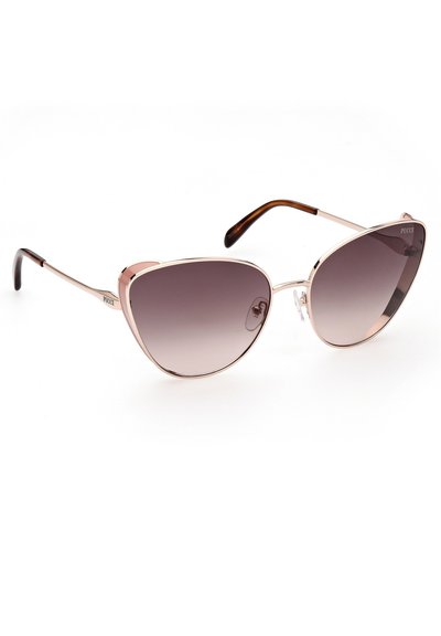 Gafas de sol estilo ojo de gato con lentes gris degradado, montura de metal con detalles en oro rosado y puntas de las varillas en carey marrón. Incluye almohadillas nasales transparentes.