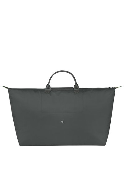 Large dark gray tote bag made of fabric, with dual top handles, a front pocket, and a zip closure, featuring a smooth texture and minimal design.
