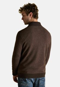Brauner Strickpullover mit hohem gerippten Kragen und strukturierter Oberfläche. Die Rückansicht zeigt einen taillierten Saum und eine entspannte Silhouette. Kombiniert mit Jeans.