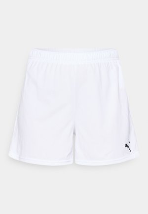 Baltie sporta šorti, kas izgatavoti no viegla auduma, ar elastīgu jostu un melnu Puma logo apakšējā labajā pusē.
