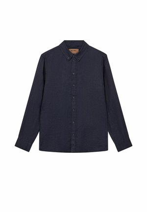 Mørk marineblå skjorte med lange ærmer, knapper ned foran, knaplukket krave, glat front og uden synlige lommer.